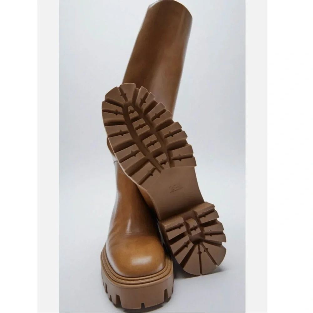 ZARA Flat Knee Brown Tall Leather Boots - Picture 3 of 16
